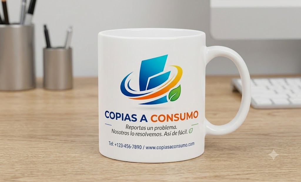 Taza blanca con el logotipo de Copias a Consumo