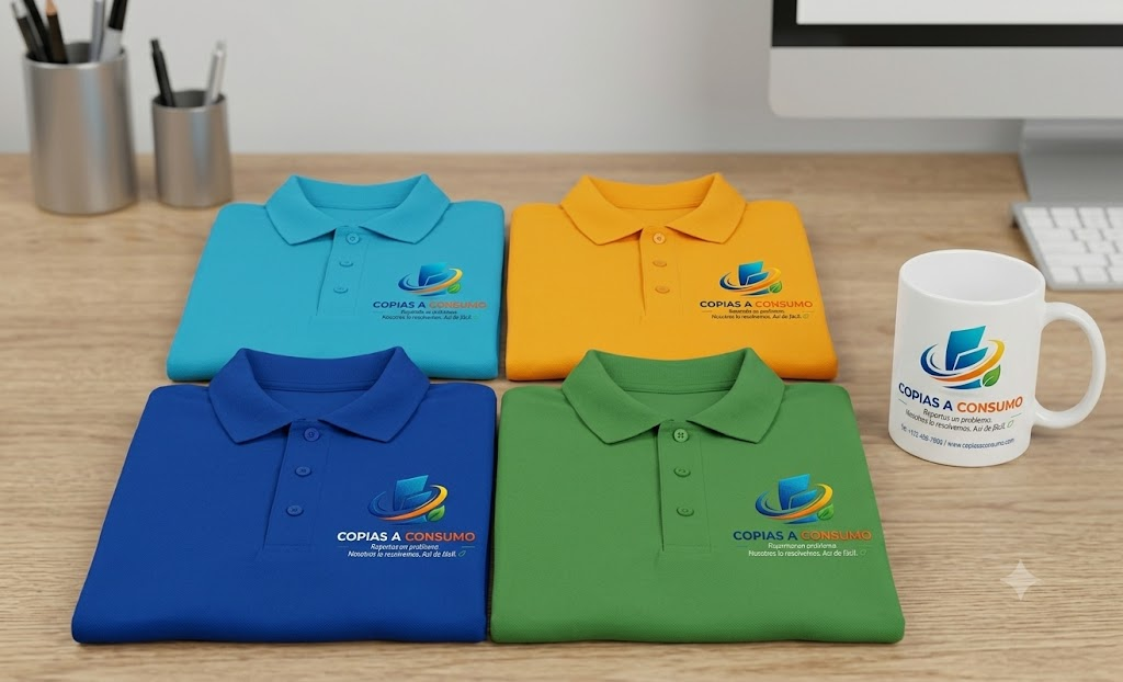 Mockup de polos corporativos y taza de Copias a Consumo