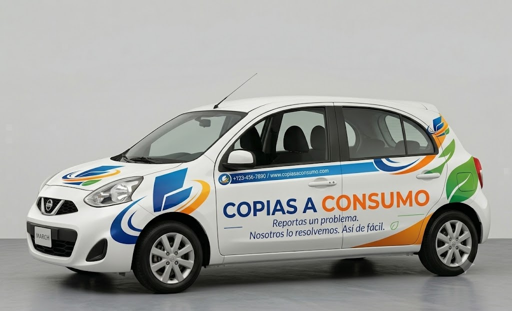 Vehículo compacto rotulado con la identidad de Copias a Consumo